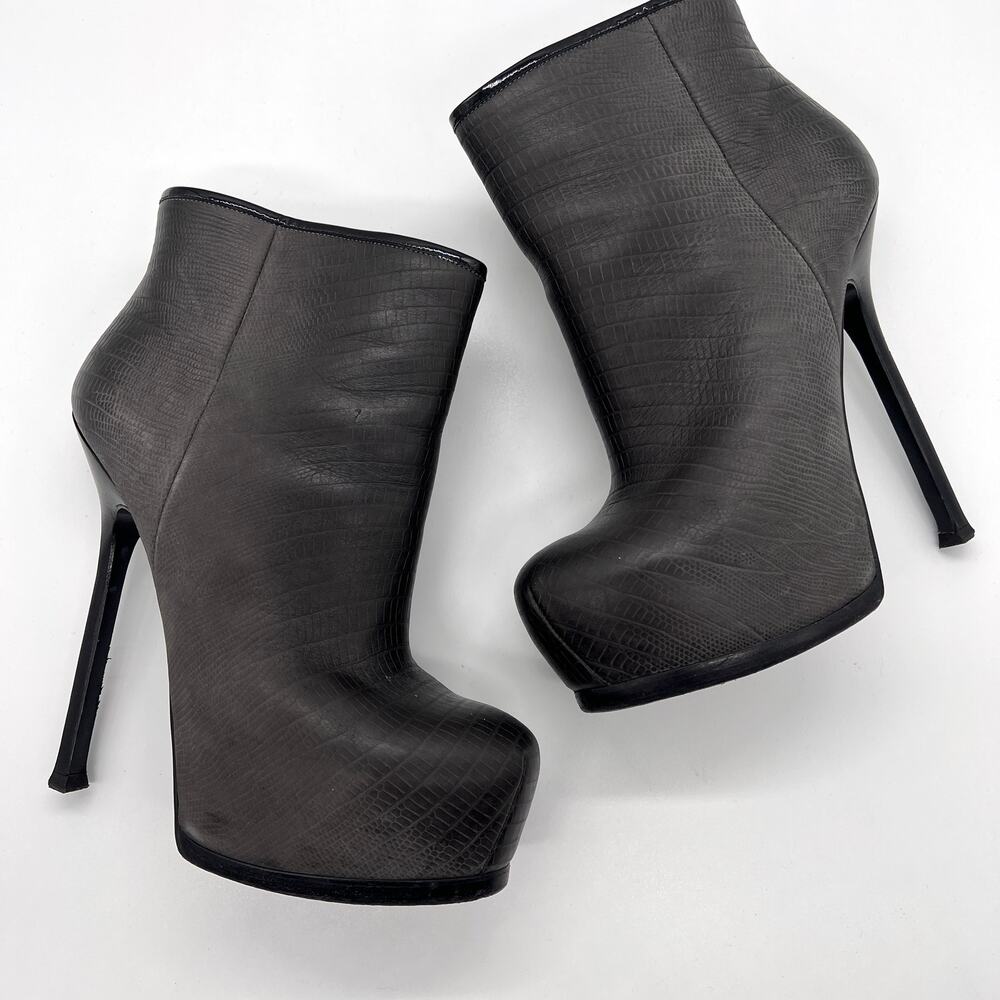 YSL YVES SAINT LAURENT Shoes Women 38 Gray Tribtoo Lizard Emboss Platform Boot - Picture 5 of 13
